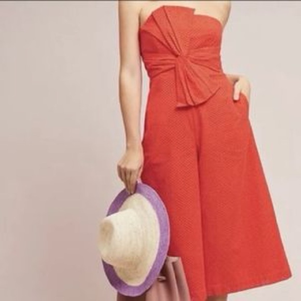 Anthropologie Postmark Eyelet Bow Strapless Jumpsuit Orange Wide‎ Leg 12